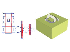 蛋糕盒,蛋糕盒结构设计,双插口式蛋糕盒,提手式蛋糕盒,顶部面开提手位贴pvc塑料片,可见内部产品