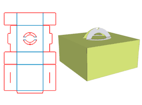 蛋糕盒,蛋糕盒结构设计,双插口式蛋糕盒,提手式蛋糕盒,顶部面开提手位贴pvc塑料片,可见内部产品